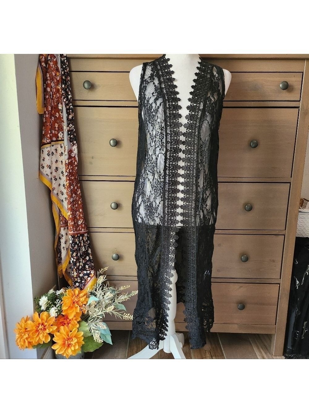 Black Lace Sleeveless Duster Vest